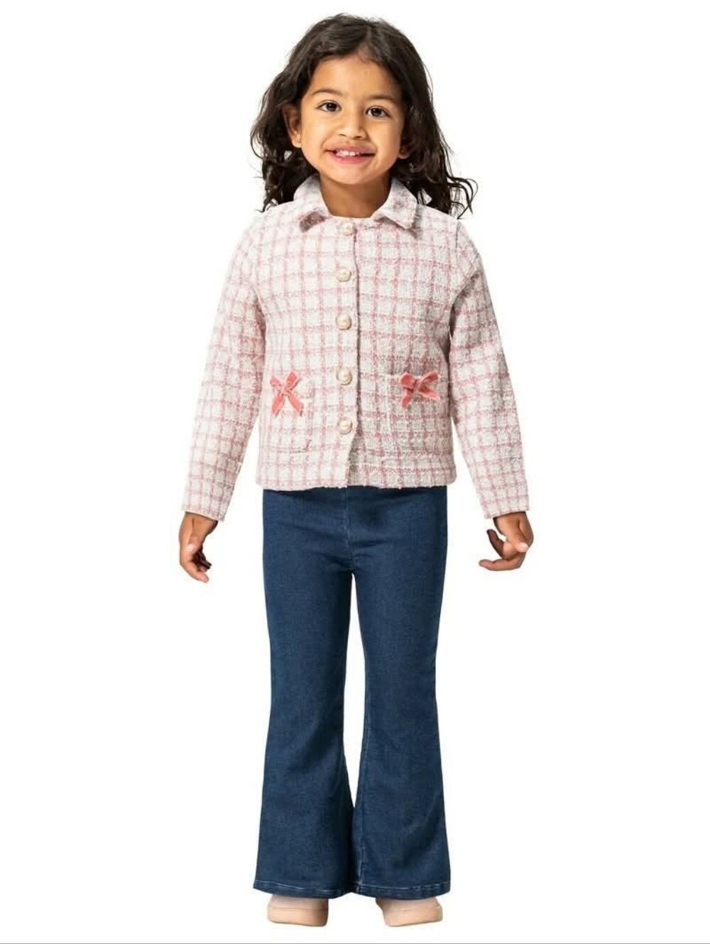 Little Lass Girls Tweed Check Jacket Pink White Button Down Bow 4T Ballet Coquet
